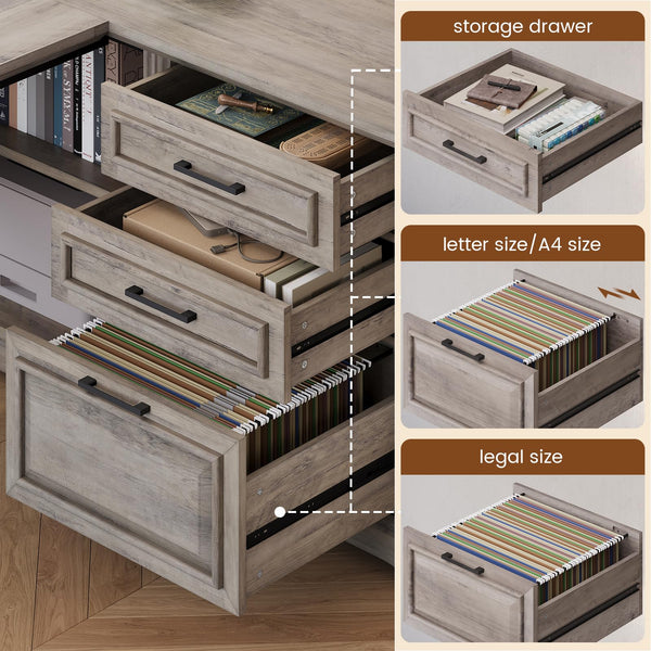 L-Shaped Farmhouse Desk with Drawers & Power Outlets