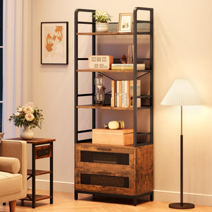 Industrial Bookshelf with Drawers & 4-Tier Open Shelves