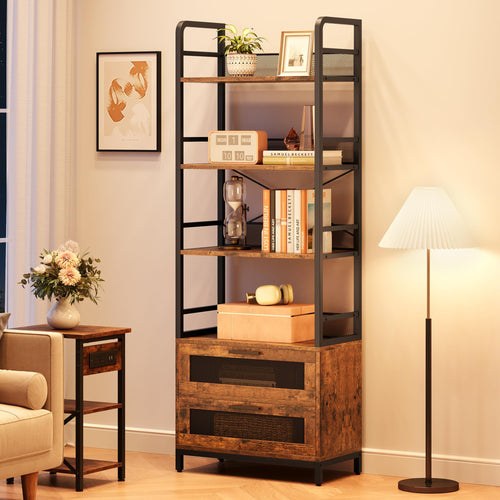 Industrial Bookshelf with Drawers & 4-Tier Open Shelves