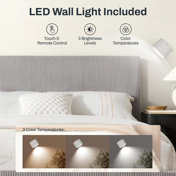 Queen Bed Frame with Adjustable Headboard & LED Light – Light Grey