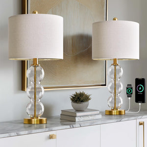 Glass Table Lamps Set of 2 with USB Charging Ports and Linen Shade
