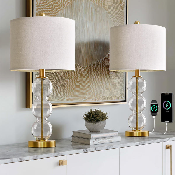 Glass Table Lamps Set of 2 with USB Charging Ports and Linen Shade
