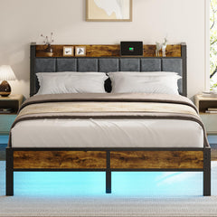 Queen Platform Bed Frame with LED Lights & USB Charging