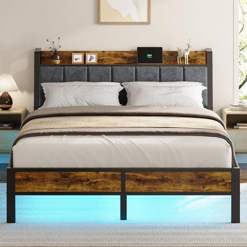 Queen Platform Bed Frame with LED Lights & USB Charging