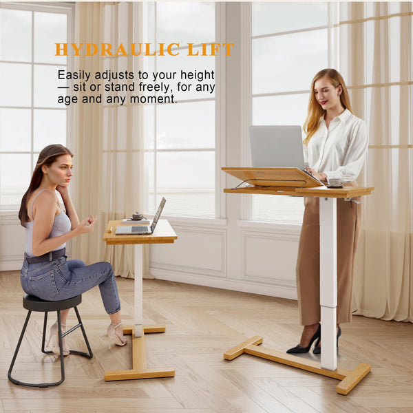 IUNVR Solid Wood Overbed Bedside Table with Hidden Casters, Adjustable Hospital Bed Table Rolling Laptop Desk with Split Dual Desktop & Pneumatic Gas Spring Lift for Hospital, Home Use (Natural)