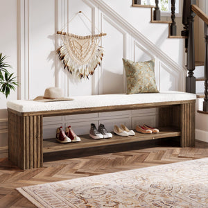 63" Solid Wood Entryway Bench with Removable Cushion & Fluted Legs
