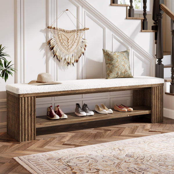 63" Solid Wood Entryway Bench with Removable Cushion & Fluted Legs