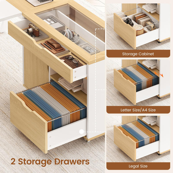 L-Shaped Desk with File Cabinet & Power Outlets
