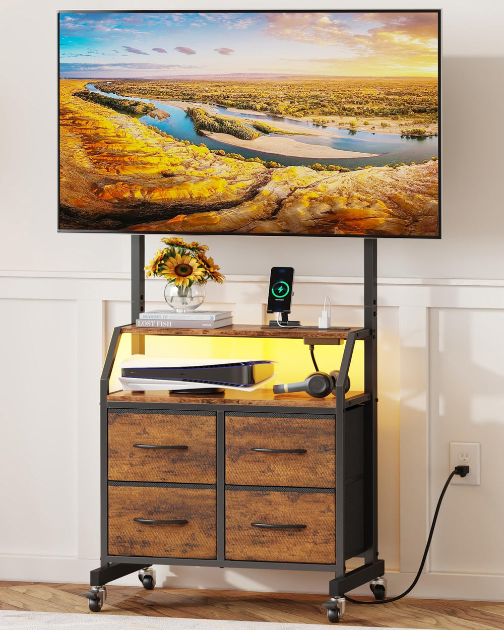 Rolling TV Stand with Mount & 4 Fabric Drawers