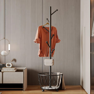 Freestanding Metal Coat Rack with Basket