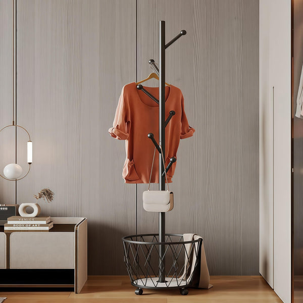 Freestanding Metal Coat Rack with Basket