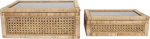 Rattan & Wood Display Boxes with Glass Top – Set of 2