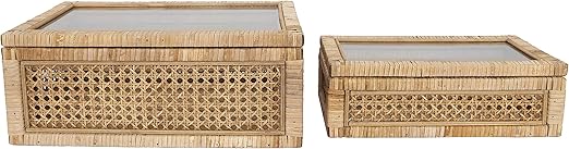 Rattan & Wood Display Boxes with Glass Top – Set of 2