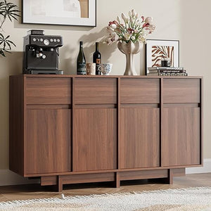 59" Wide 4-Door Sideboard Cabinet with Adjustable Shelves & Wood Legs