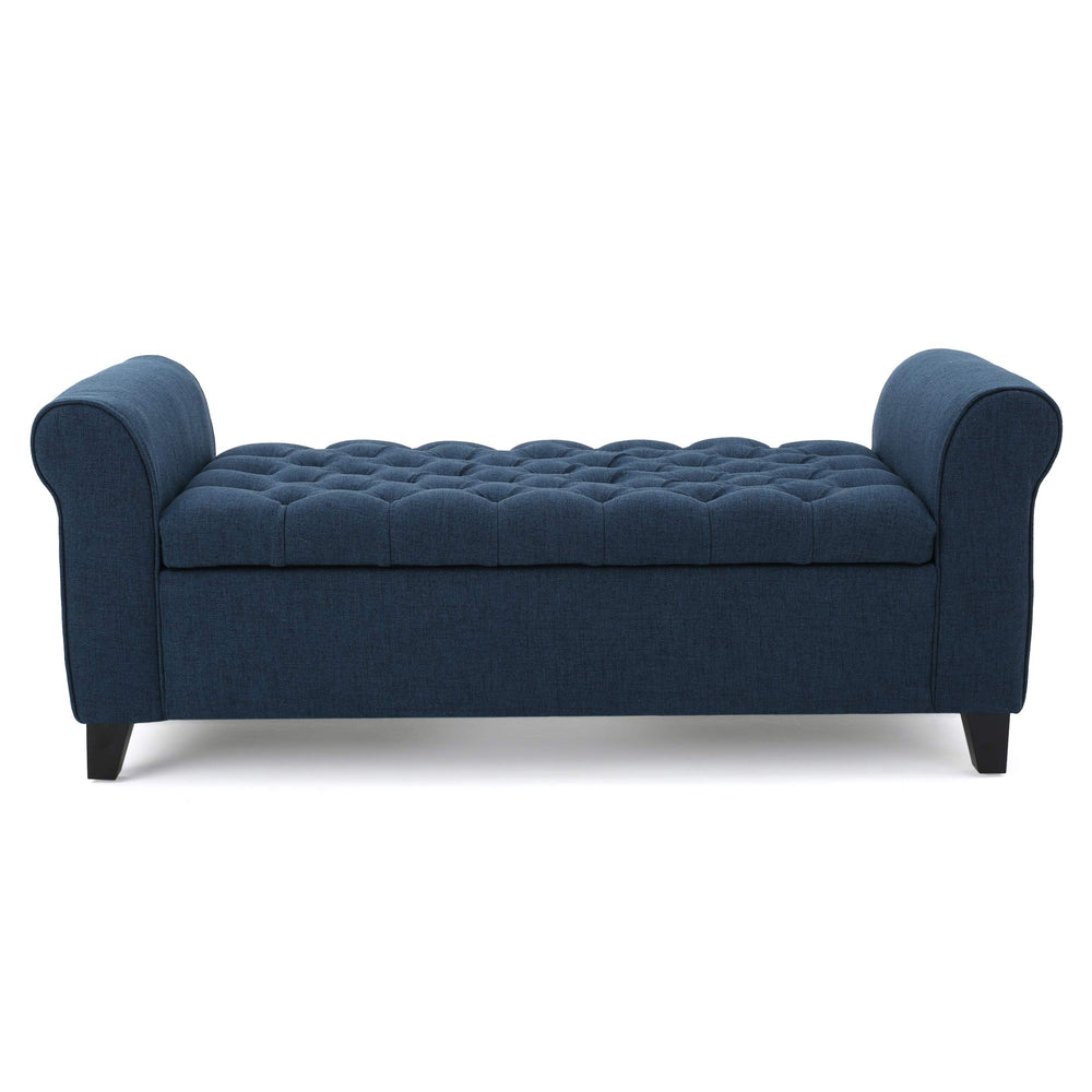Button-Tufted Fabric Storage Ottoman Bench with Rolled Arms