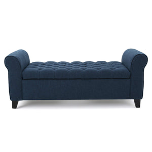 Button-Tufted Fabric Storage Ottoman Bench with Rolled Arms