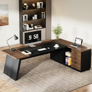 L-Shaped Executive Desk with Drawers and File Cabinet