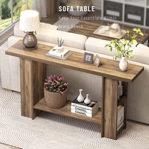 53-Inch 2-Tier Farmhouse Console Table with Side Shelves