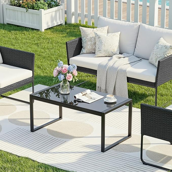 Rectangle Tempered Glass Coffee Table with Galvanized Steel Frame