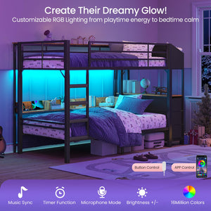 Twin Over Twin Bunk Bed with Storage, LED Lights & Charging Station