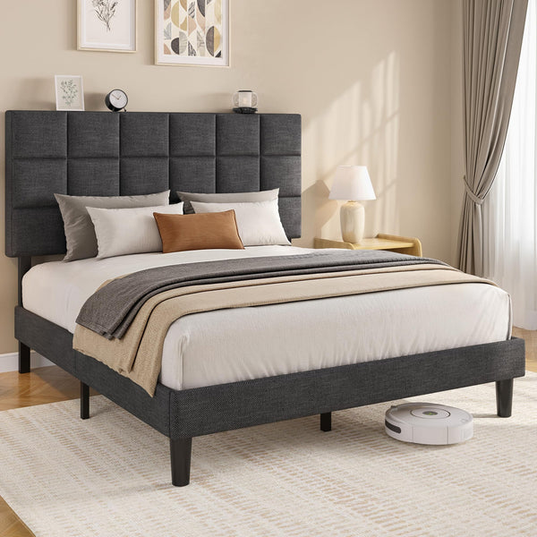Queen Platform Bed Frame with Adjustable Upholstered Headboard
