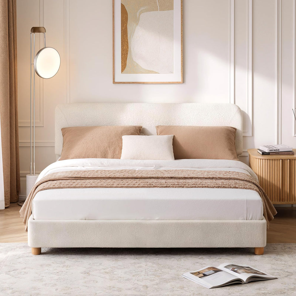 Boucle Upholstered Bed Frame with Adjustable Headboard