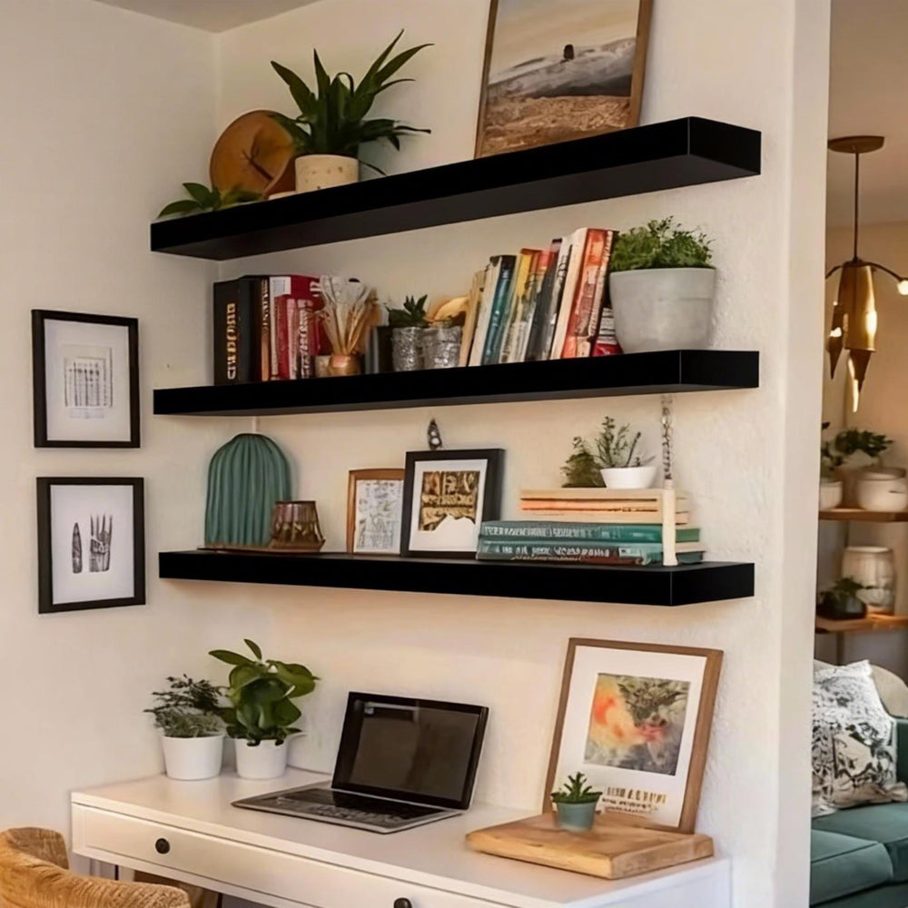 Black Floating Shelves for Wall 36 Inch – Set of 3 with Invisible Brackets