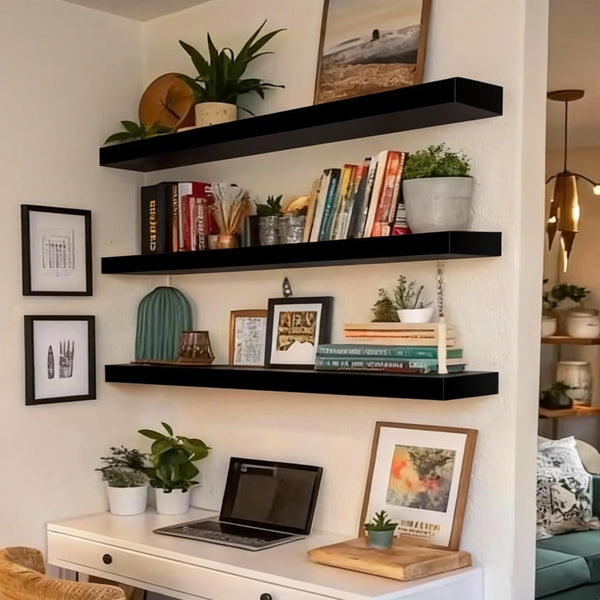 Black Floating Shelves for Wall 36 Inch – Set of 3 with Invisible Brackets
