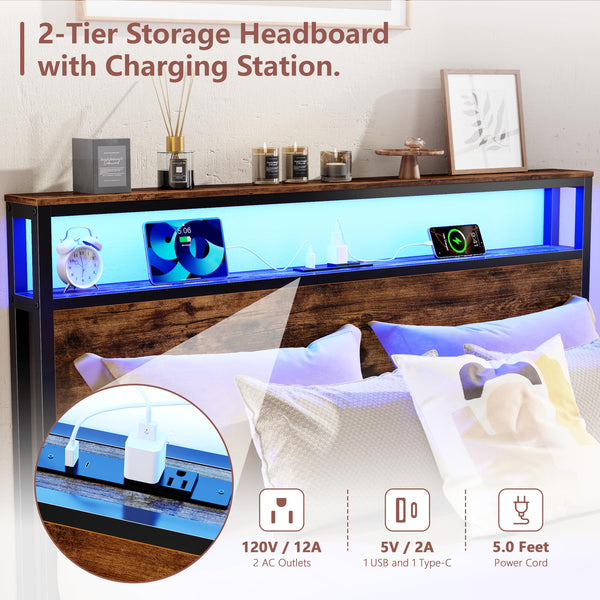 Full/Queen Platform Bed Frame with Storage Headboard, 6 Drawers & LED Lights