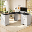 59" Farmhouse L-Shaped Desk with Power Outlets & Storage Cabinet