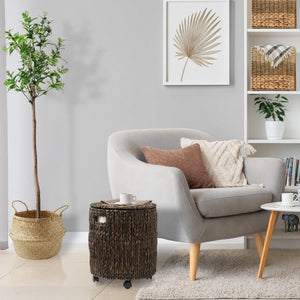 Casafield Round Rolling Storage Basket with Lid - Espresso, Handwoven Water Hyacinth Rolling Hamper Storage Bin on Wheels for Living Room, Bedroom, Bathroom, Laundry