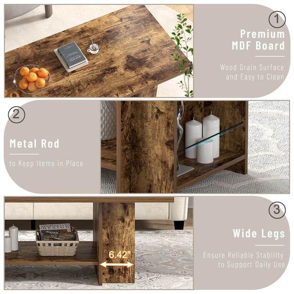 Rustic 2-Tier Coffee Table with Storage Shelves