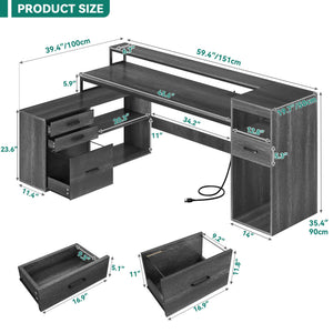 59" L-Shaped Desk with Drawers, File Cabinet, LED Lights & Power Outlets