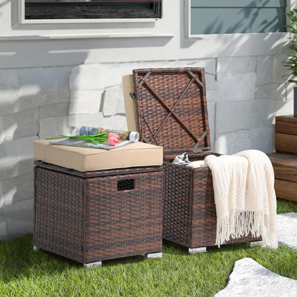 2-Piece Outdoor Patio Storage Ottomans with Cushions