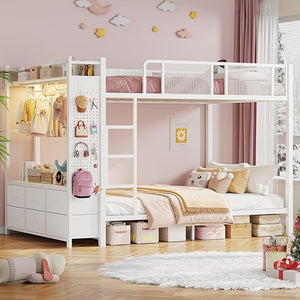 Metal Bunk Bed with Storage, LED Lights & Power Outlet