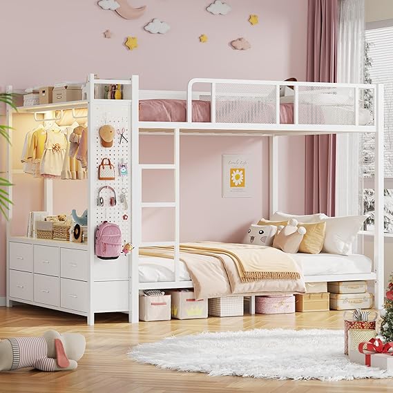 Metal Bunk Bed with Storage, LED Lights & Power Outlet