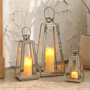 Set of 3 Decorative Metal Candle Lanterns with Tempered Glass — Indoor & Outdoor