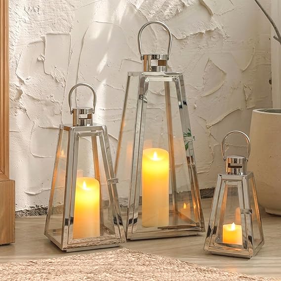 Set of 3 Decorative Metal Candle Lanterns with Tempered Glass — Indoor & Outdoor