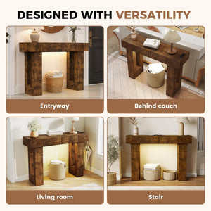 47" Farmhouse Console Table with LED Light, Drawers & Charging Station