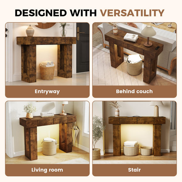 47" Farmhouse Console Table with LED Light, Drawers & Charging Station