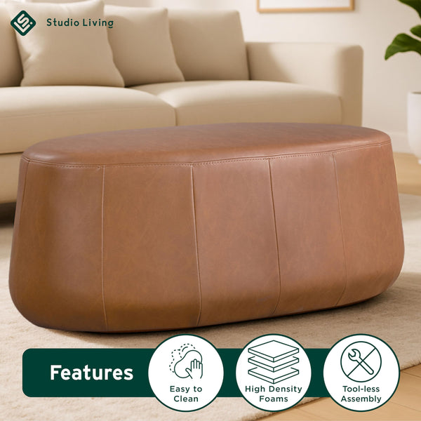Oval Upholstered Ottoman – 40" Faux Leather