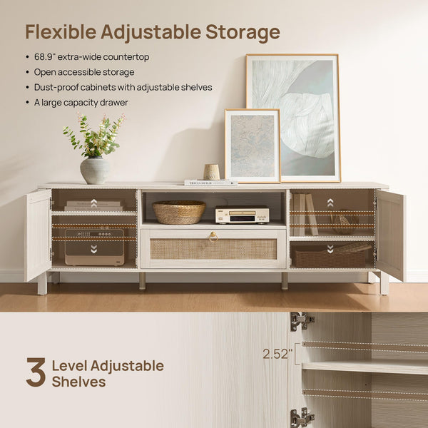 Rattan TV Stand with Drawer & Storage Cabinets