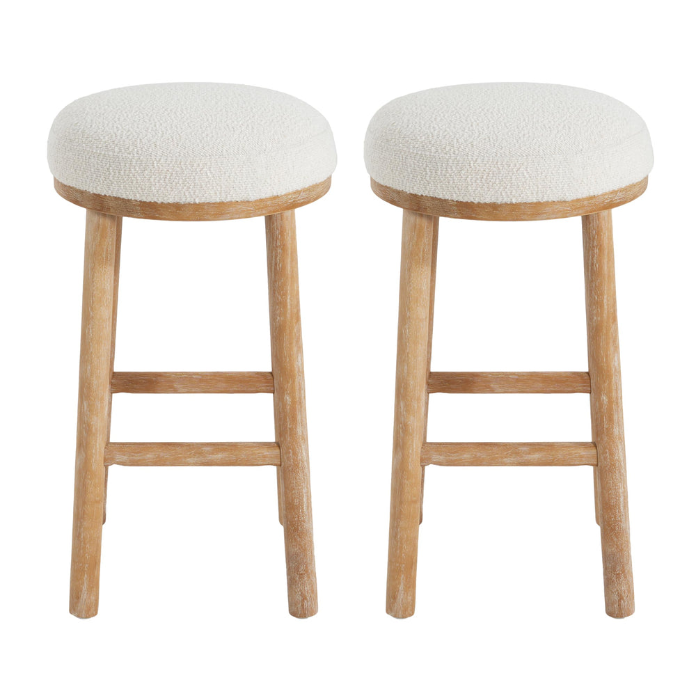 Christopher Knight Home Aubrie Counter Height Bar Stools Set of 2, Boucle Fabric Round Bar Stool for Kitchen Island, Wooden Backless Dining Room Chair, Counter Stool with Footrest, Natural+Milky White