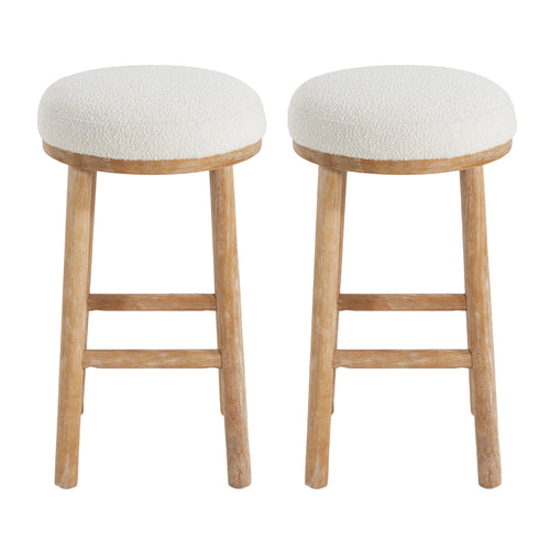 Christopher Knight Home Aubrie Counter Height Bar Stools Set of 2, Boucle Fabric Round Bar Stool for Kitchen Island, Wooden Backless Dining Room Chair, Counter Stool with Footrest, Natural+Milky White