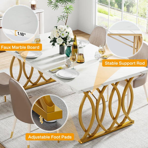 63" Rectangular Dining Table for 4–6 | Faux Marble Top & Gold Metal Legs