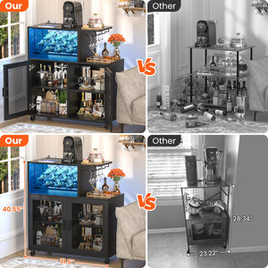 Small Bar Cabinet with LED Light, Power Outlets & Wine Rack