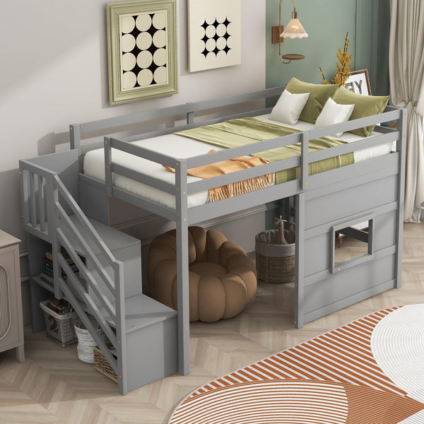 Twin Loft Bed with Storage Staircase & Underbed Space