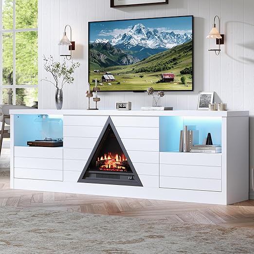 67" Fireplace TV Stand with LED Flame, Open Shelves & Drawers