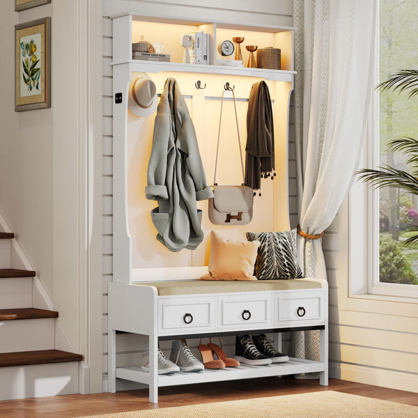 Farmhouse Hall Tree with LED Lights, Cushioned Bench & Shoe Storage