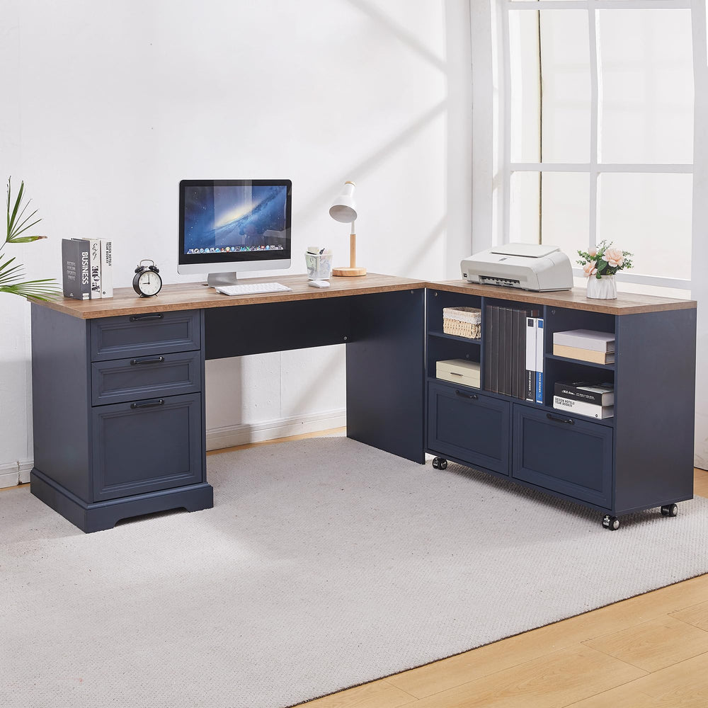 L-Shaped Executive Desk with Adjustable File Cabinet and Charging Station